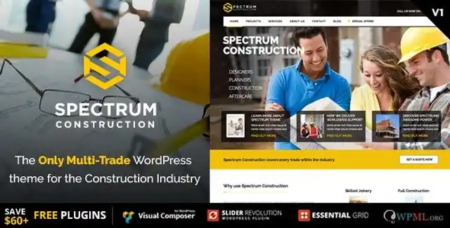 Spectrum construction WordPress theme demo preview showing contractor website layout