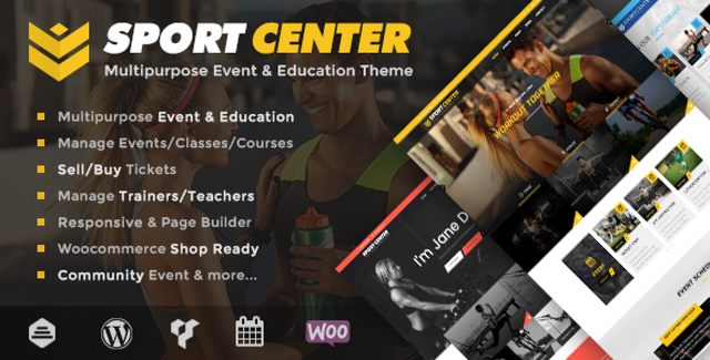 Sport Center WordPress theme homepage showing sports center event schedule and course listings