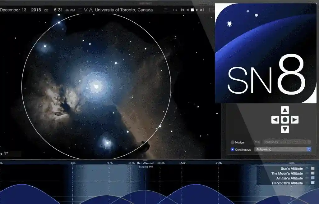 Starry Night Pro Plus astronomy software interface showing 3D star rendering and planetarium view