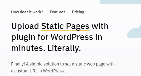 Static HTML WordPress plugin interface showing page upload and management features