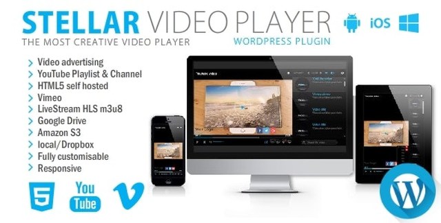 Stellar Video Player WordPress plugin interface showing video playback controls
