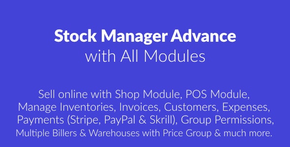 Stock Manager Advance PHP script dashboard showing inventory and POS interface