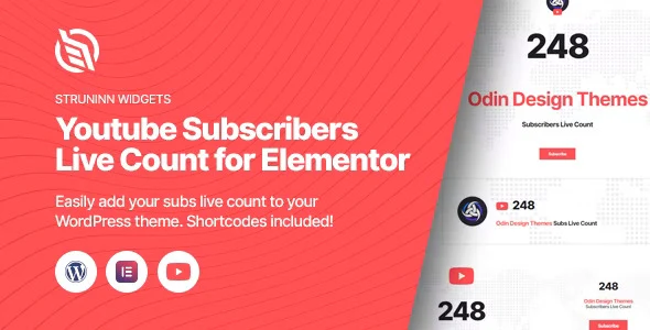 Struninn YouTube subscribers live count widget interface in Elementor editor