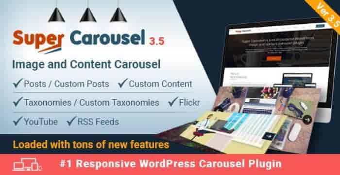 Super Carousel responsive WordPress plugin interface showing dynamic image slider