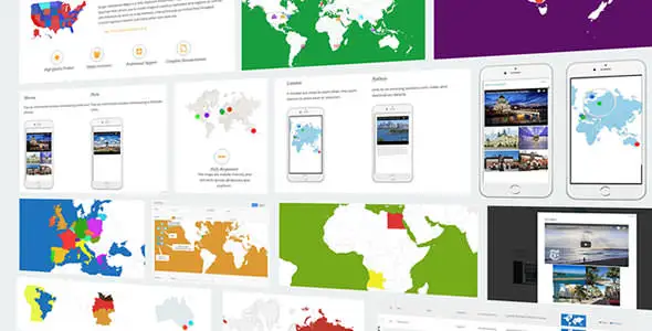 Super Interactive Maps WordPress plugin showing customizable vector world map with markers and tooltips