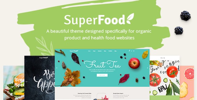 Superfood organic food WordPress theme homepage layout with Elementor PRO design