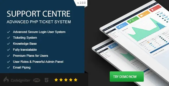 Support Center advanced PHP ticket system dashboard with knowledge base and customer support ticket management interface