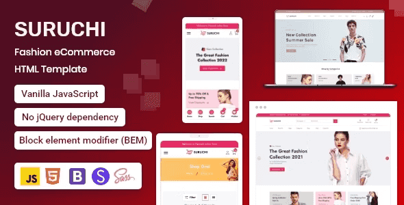 Suruchi fashion ecommerce HTML template homepage preview with minimalist design