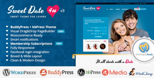 SweetDate WordPress dating theme with BuddyPress community features and Elementor PRO support