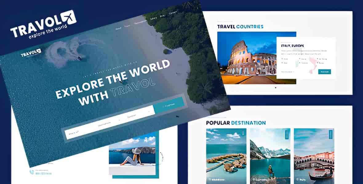 TRAVOL travel agency HTML template preview showing modern clean design with Bootstrap 5 layout