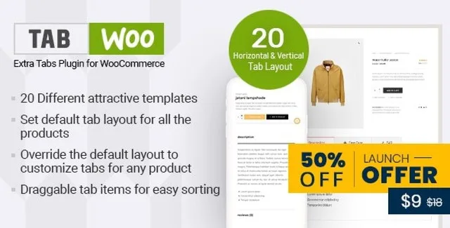 TabWoo custom product tabs plugin for WooCommerce showing horizontal and vertical layout options