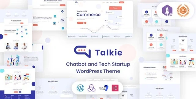 Talkie chatbot WordPress theme preview showing modern tech startup layout