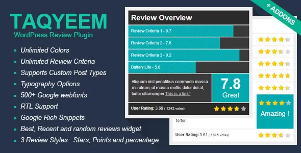 Taqyeem WordPress review plugin interface showing star rating box with multiple criteria and Schema markup output