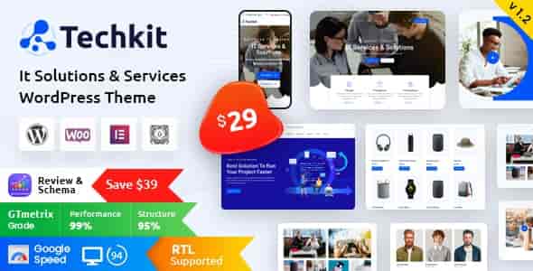 Techkit technology WordPress theme homepage preview with modern layout