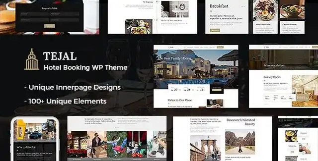 Tejal WordPress hotel booking theme interface showing room search and booking layout