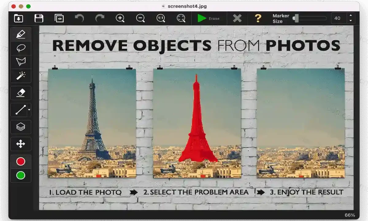 Teorex Inpaint photo editing software interface showing object removal on a Windows desktop