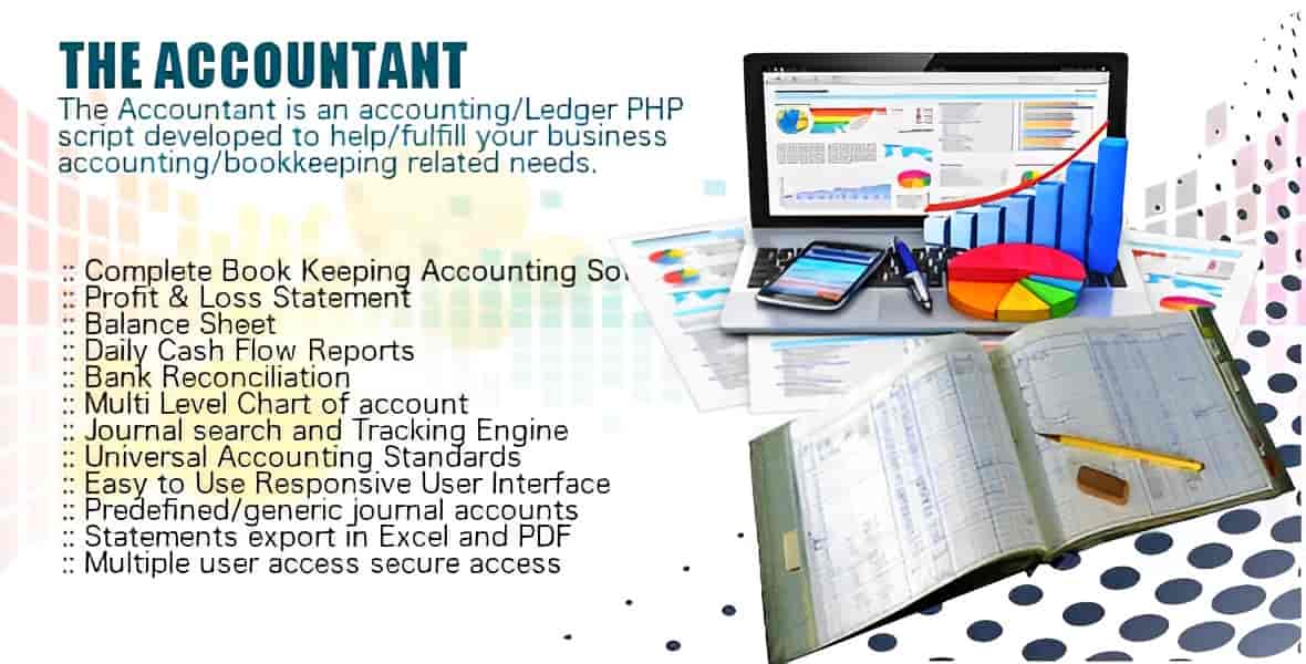 The Accountant general ledger PHP script dashboard showing double-entry accounting interface