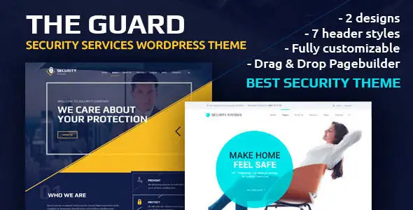 The Guard security company WordPress theme preview showing professional design layouts for security and CCTV businesses