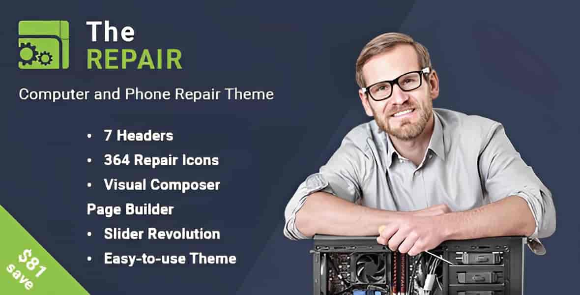 The Repair computer repair WordPress theme demo showing responsive tech business website layout