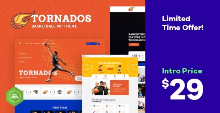 Tornados basketball WordPress theme demo showing team roster and sports merchandise layout