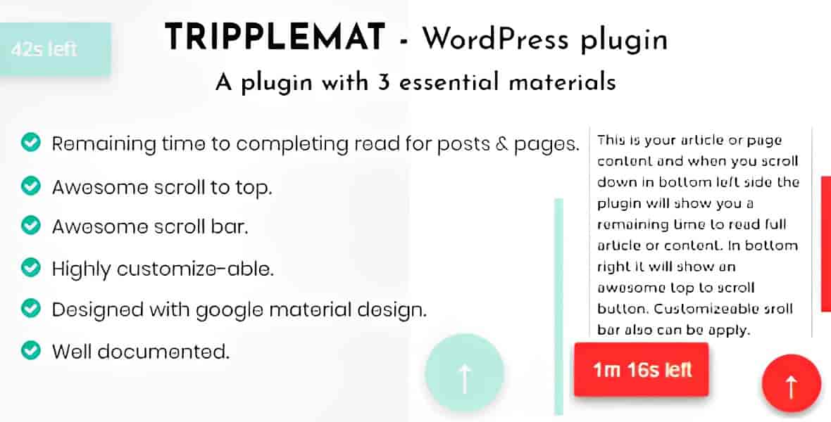 Tripplemat WordPress plugin interface showing reading progress bar, scroll-to-top button, and custom scrollbar features