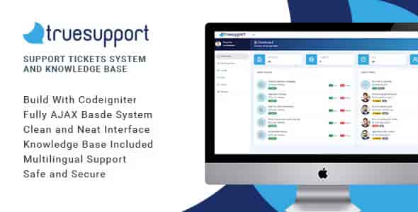 TrueSupport PHP helpdesk dashboard showing ticket management, knowledge base articles, and FAQ categories in a clean Bootstrap interface