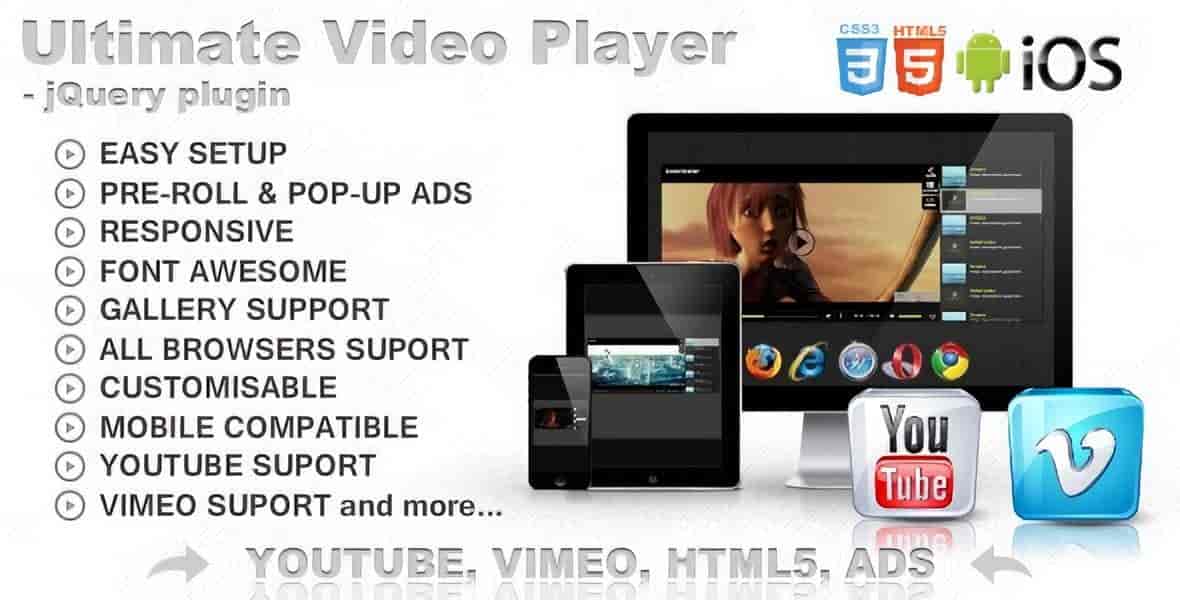WordPress video player plugin supporting YouTube, Vimeo, and HTML5 videos with ad integration
