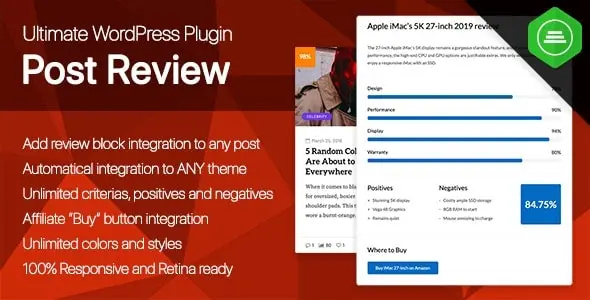 Ultimate Post Review WordPress plugin displaying a product review block with ratings and affiliate button