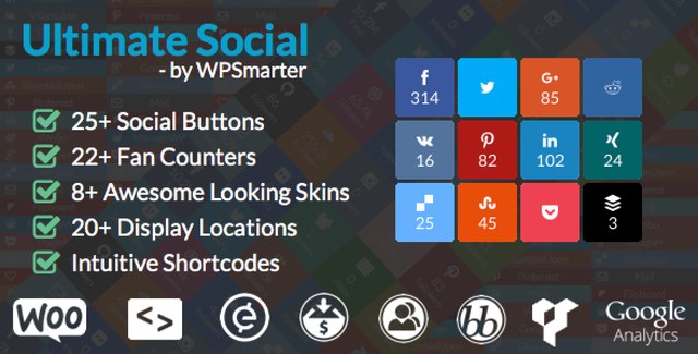 Ultimate Social WordPress plugin interface showing social share buttons and fan counters