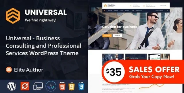 Universal business consulting WordPress theme dashboard preview