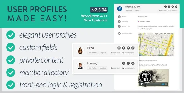 WordPress front end user profiles plugin interface showing responsive login and registration forms