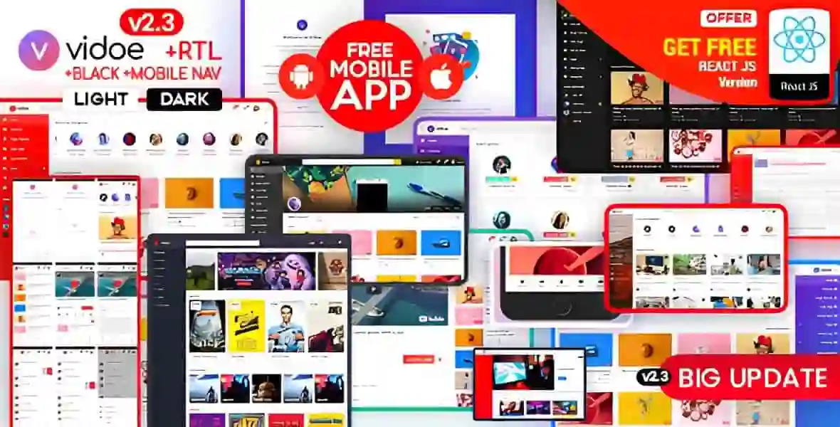 VIDOE video streaming website HTML and React template homepage preview