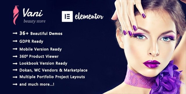 Vani cosmetic beauty WordPress theme showcasing a modern WooCommerce beauty store layout with product viewer and swatches