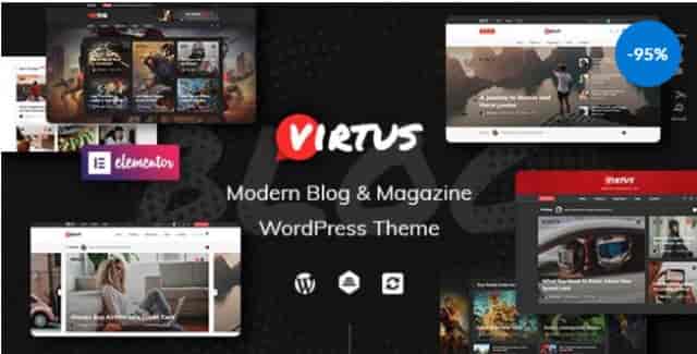 Virtus modern blog and magazine WordPress theme homepage layout with Elementor design