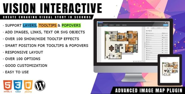 Vision Interactive WordPress plugin interface showing interactive image map creation