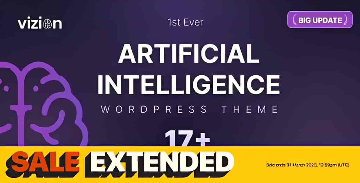Vizion AI Tech WordPress Theme demo showing modern startup website layout
