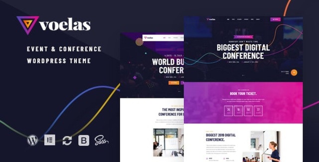 Voelas event and conference WordPress theme demo showing speaker and schedule layouts