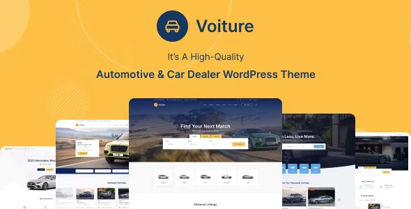 Voiture automotive car dealer WordPress theme demo preview showing car listings and dashboard