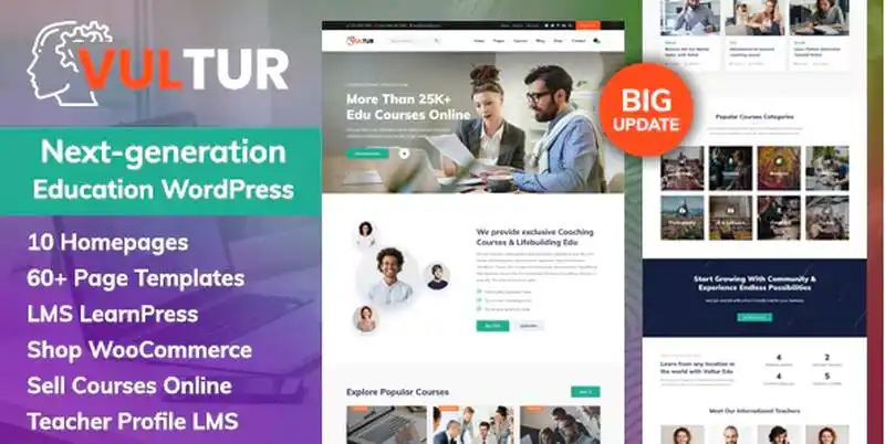 Vultur WordPress theme demo showing online course homepage with lesson grid and coaching sections