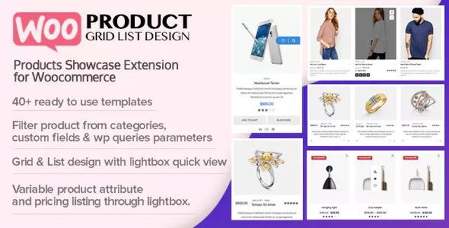 Woo Product Grid List Design plugin interface showing product grid and list layouts
