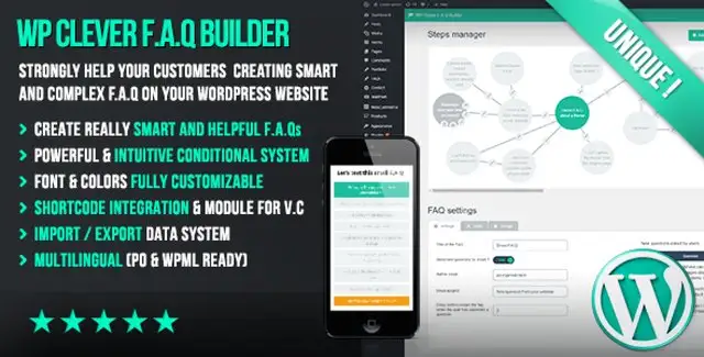 WP Clever FAQ Builder WordPress plugin showing conditional FAQ builder interface with branching logic visualization