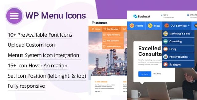 WP Menu Icons plugin interface showing custom icons added to WordPress menu items