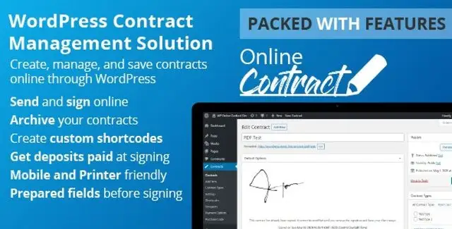 WordPress online contract plugin interface showing digital signature and payment options