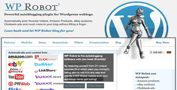 WP Robot WordPress autoblogging plugin dashboard showing content sources and publishing schedule