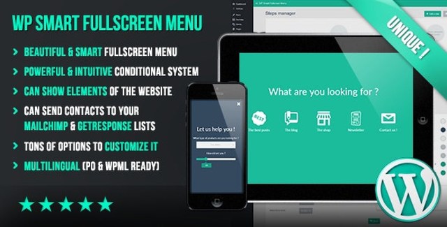 WordPress fullscreen menu plugin displaying an interactive smart navigation interface on a website