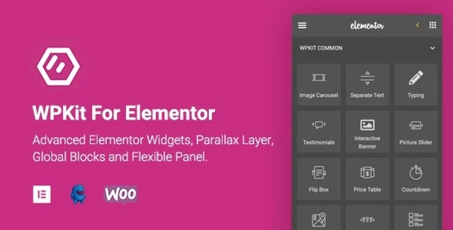 WPKit For Elementor plugin interface showing advanced widgets and flexible panel