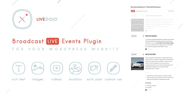 WPLiveDojo live event broadcast plugin interface showing rich text and media options