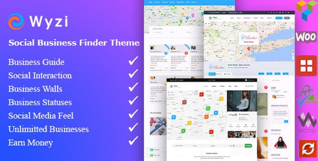 Wyzi business directory WordPress theme showing service listing dashboard and booking calendar interface