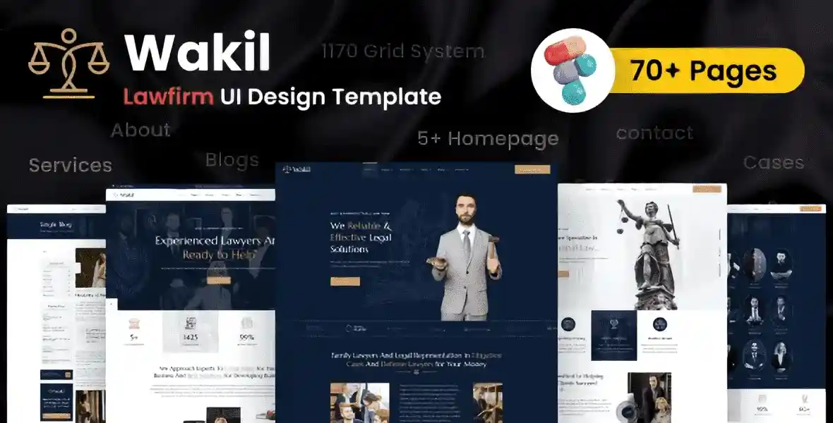 Wakil lawyer Figma template showcasing professional law firm UI design with practice areas and team pages