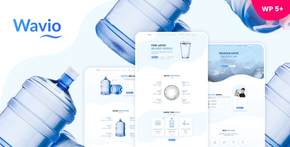 Wavio bottled water delivery WordPress theme showcasing a clean modern water business website design